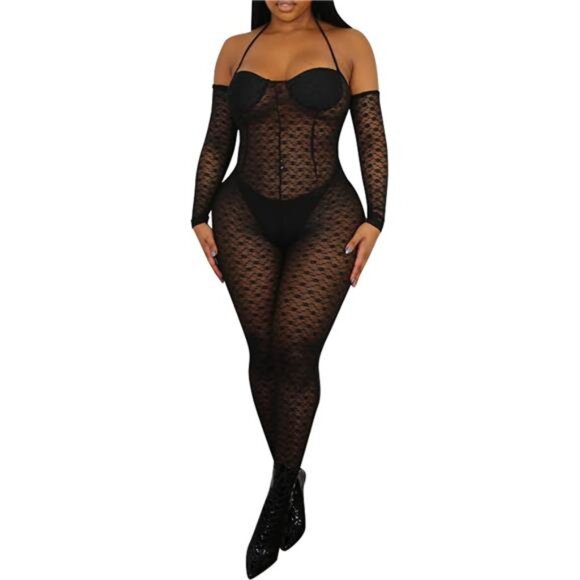 Sexy Mesh Black Leopard Jumpsuits for Women Bodycon Outfits Streetwear - Picture 1 of 5